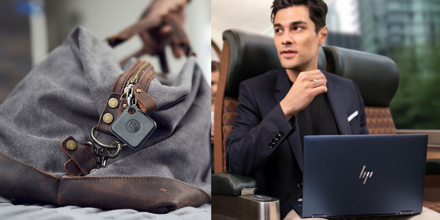 Split image of a Tile tracker on a bag and a man on a plane with the HP DragonFly Elite laptop.