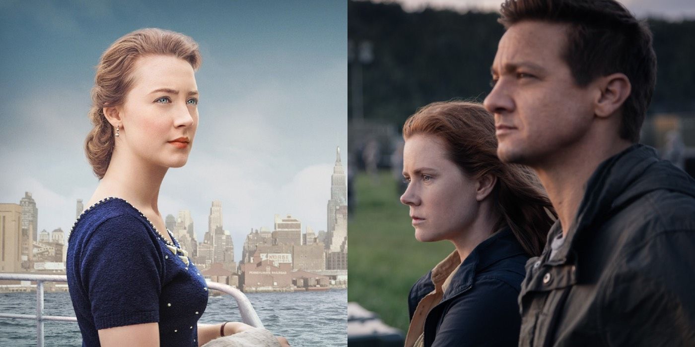 Split image: Saoirse Ronan in Brooklyn, and Amy Adams and Jeremy Renner in Arrival