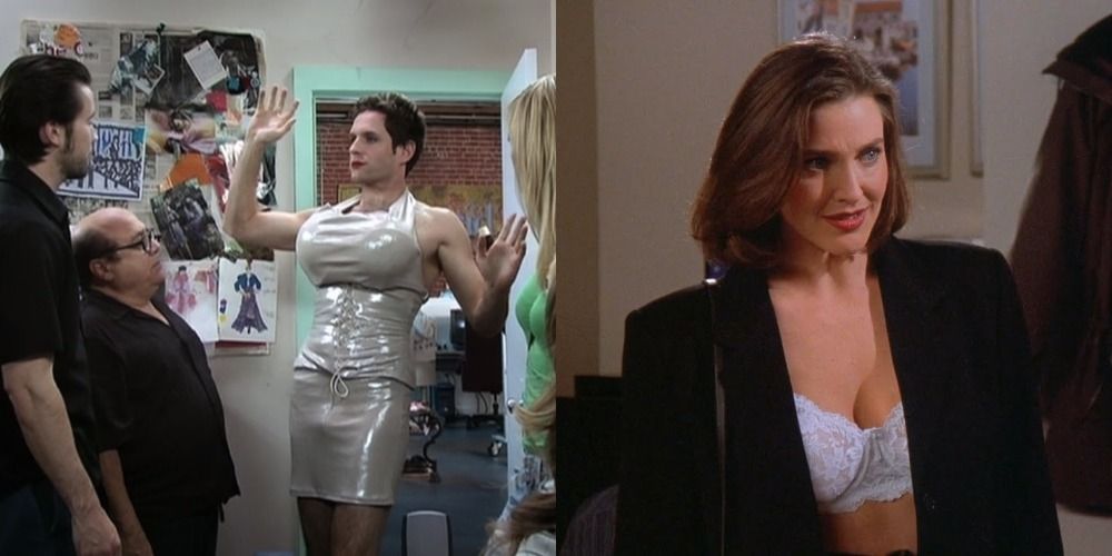 Dennis in a dress in front of Frank and Mac and Dee in It's Always Sunny/Sue Ellen Mischke in Seinfeld