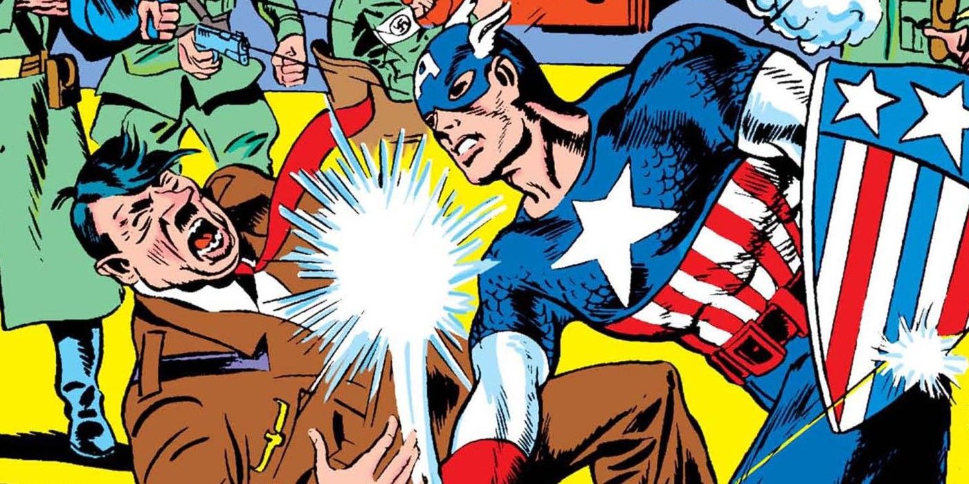 Captain America punches Hitler on the cover of Captain America #1 comic.
