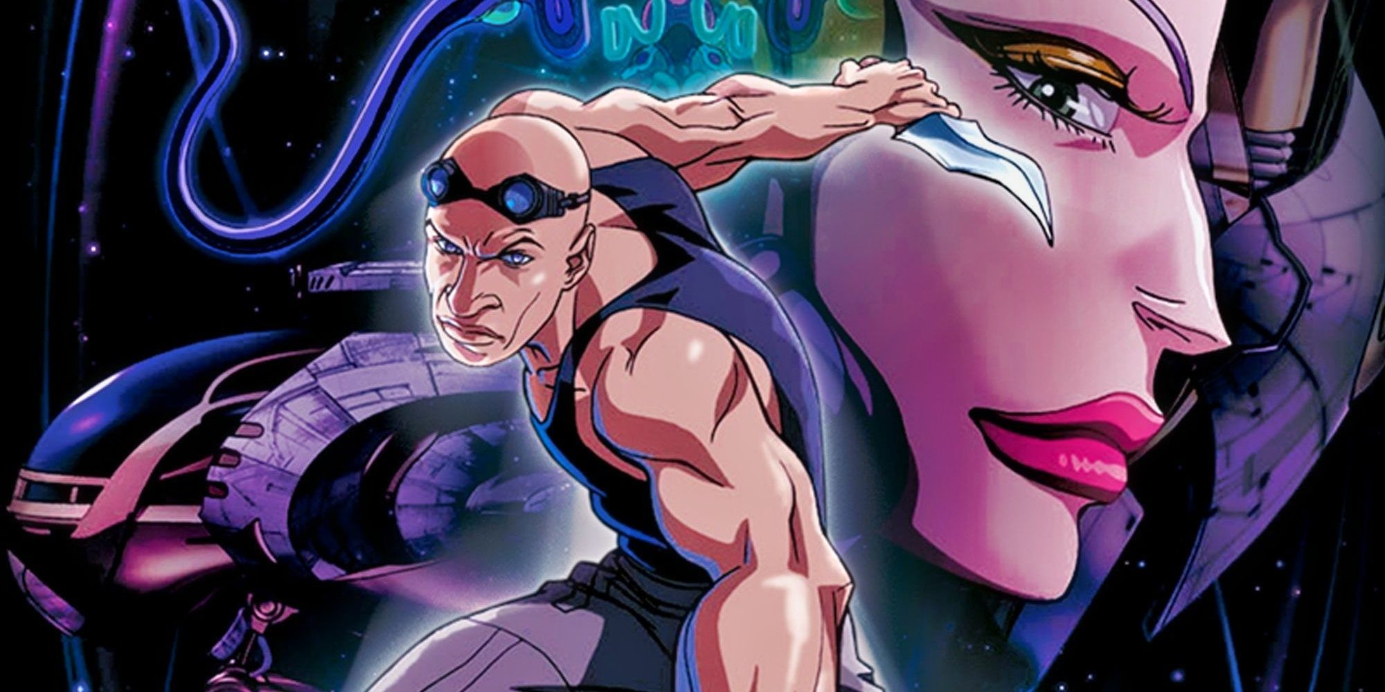 Riddick holding a knife on the cover of Dark Fury