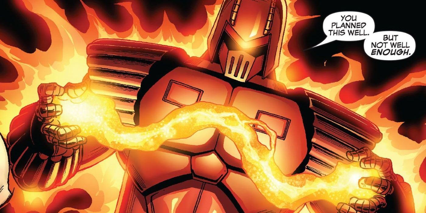 Crimson Dynamo, Russia's Iron Man, taunts Tony Stark a panel from a Marvel comic.