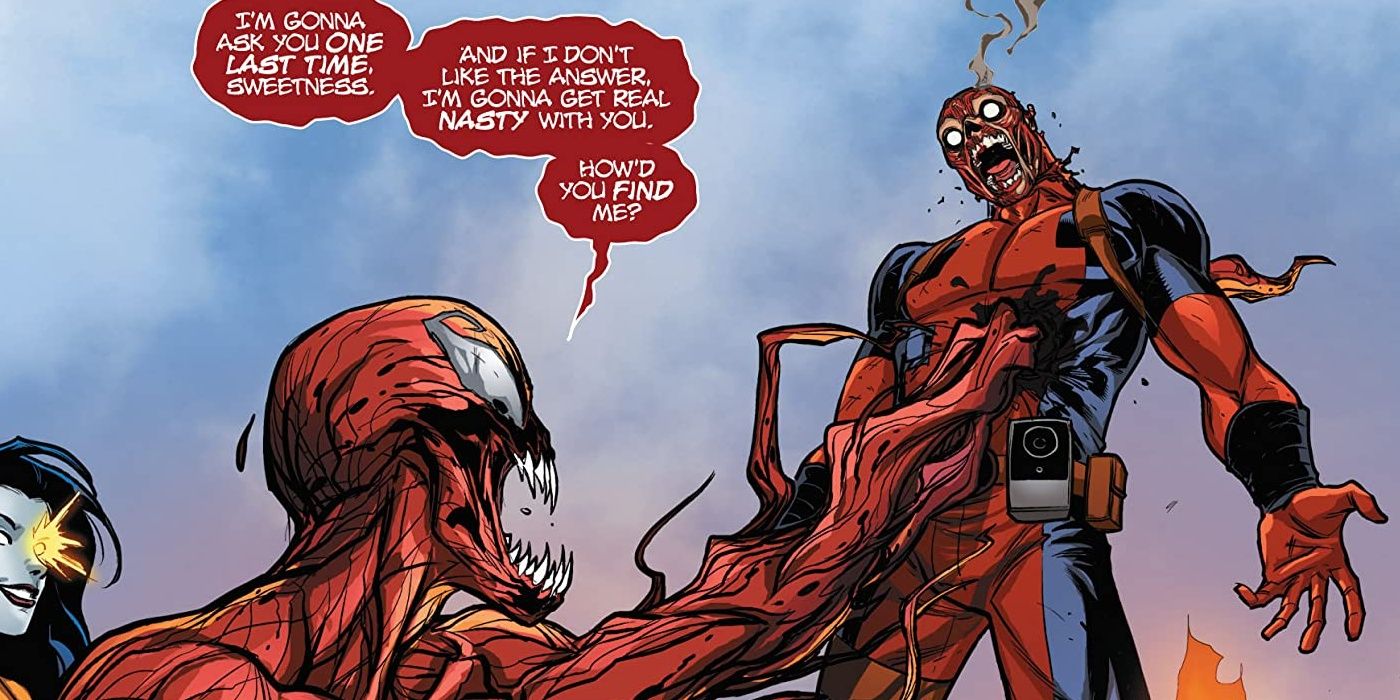 Carnage impales Deadpool while bantering in the comics.