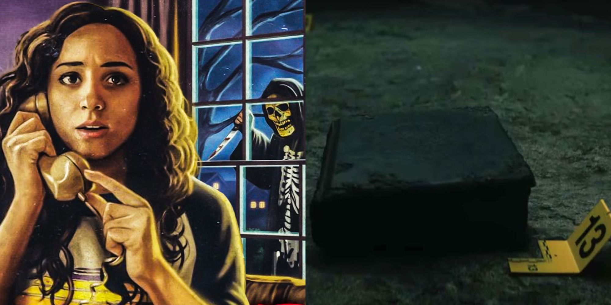 Deena on the phone while Skull Mask lurks outside her window beside an image of the end credits grimoire book in Fear Street 1994 Part 2