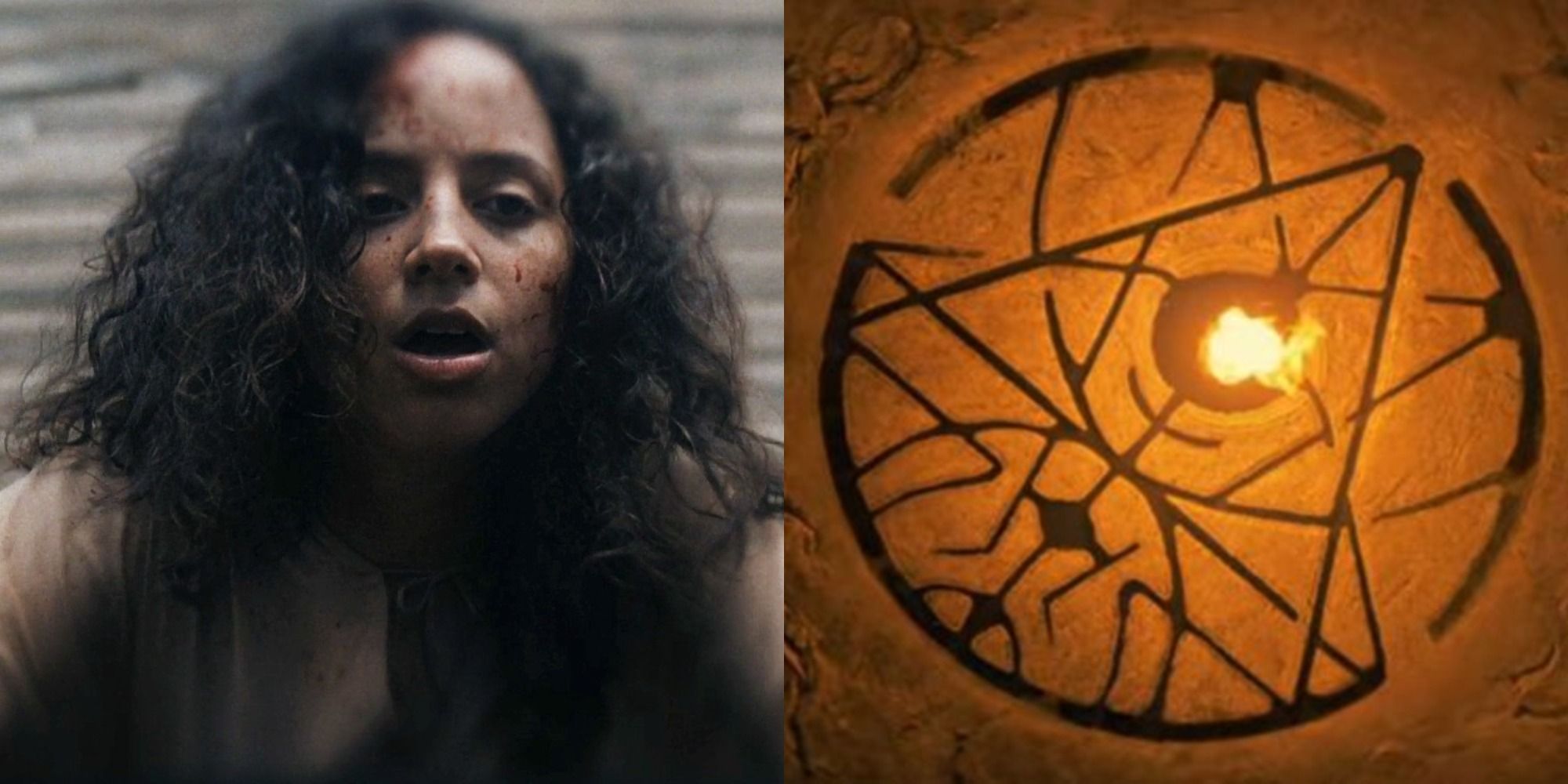 A split image of Deena as Sarah Fier and the summoning circle in Fear Street