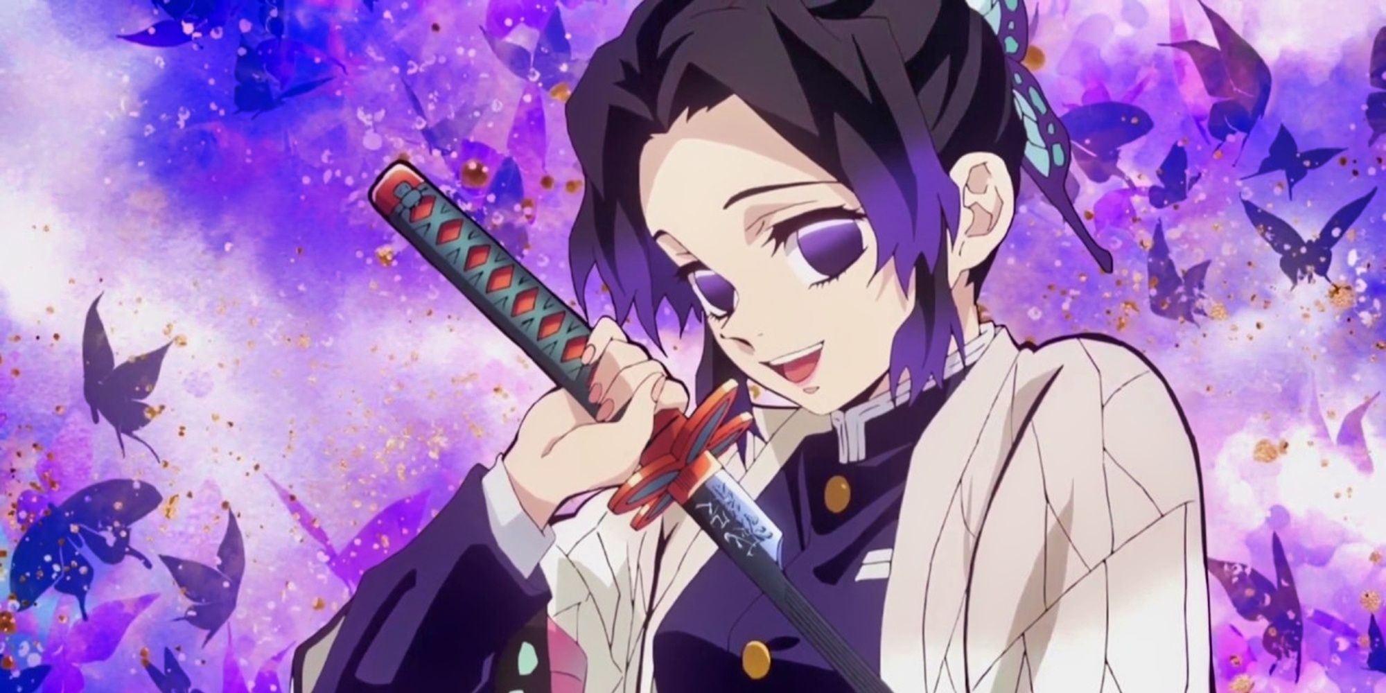 Shinobu sticking a sword to her chest in Demon Slayer