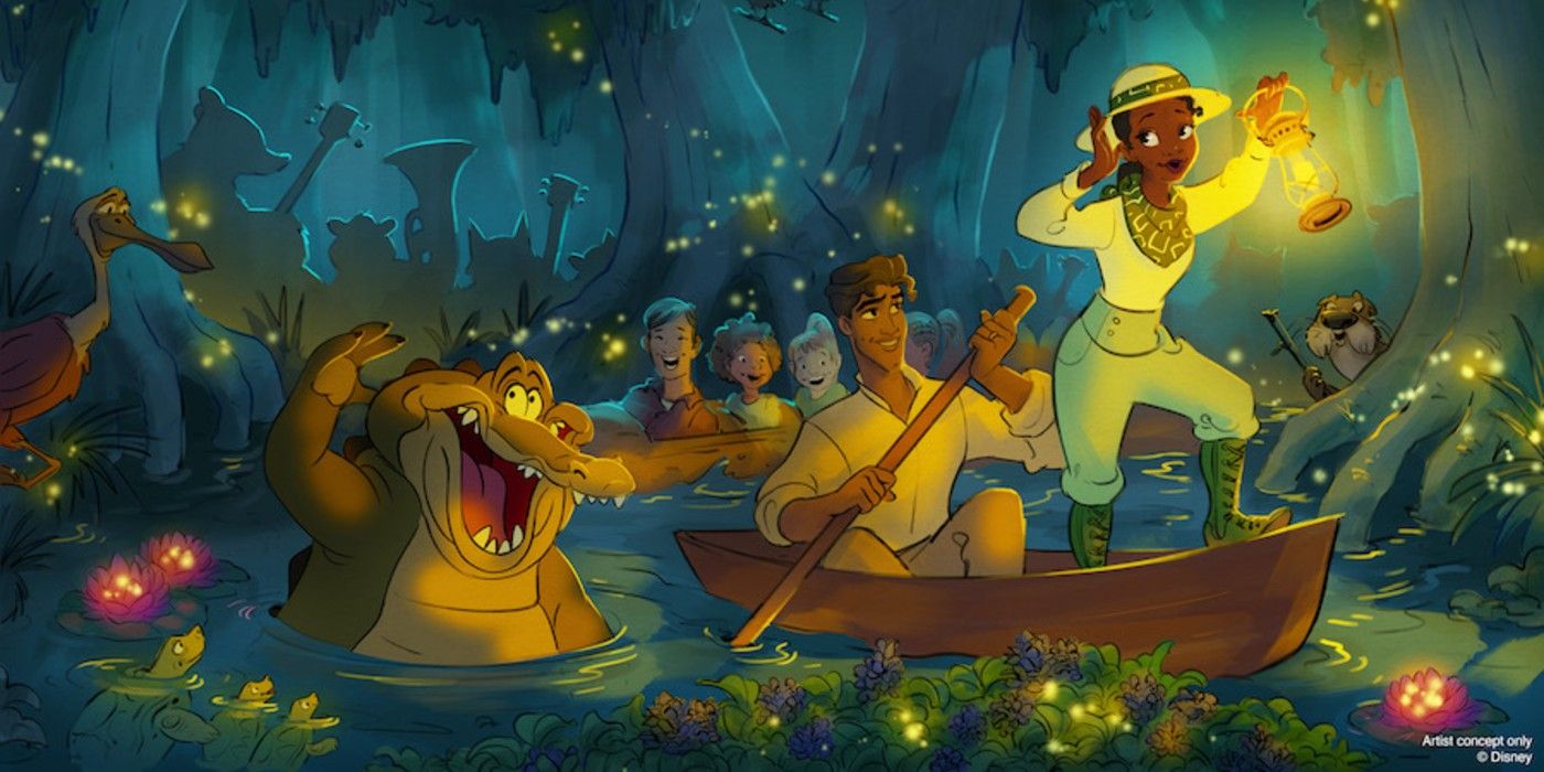 Disney Splash Mountain Princess and the Frog Concept Art, com Tiana em um barco com outros personagens.