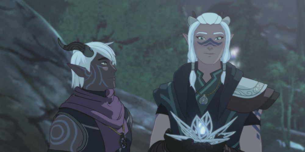 Runaan and Ethari stand side by side in the woods in The Dragon Prince