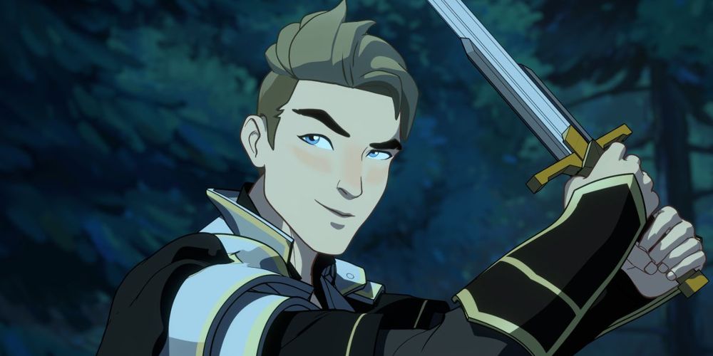 Soren holds up sword in preparation for battle in The Dragon Prince