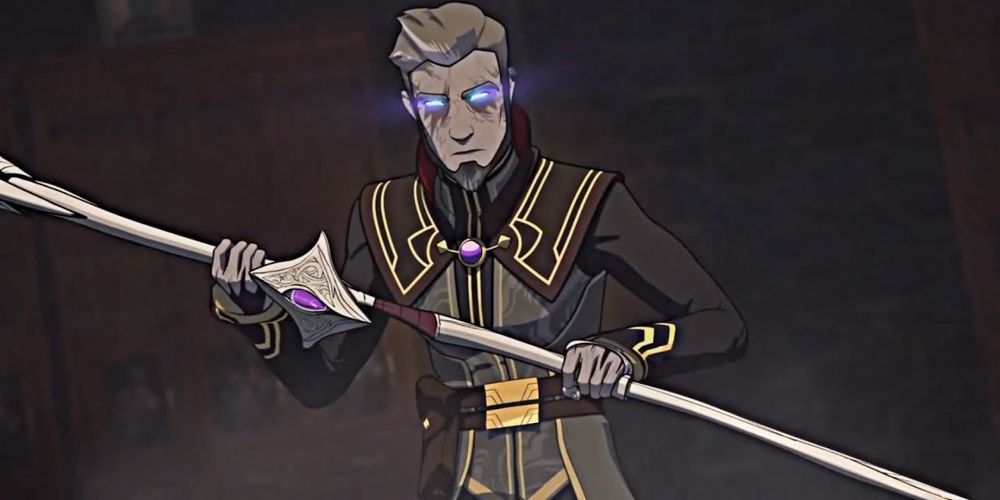 Viren's eyes glow purple as he holds staff in The Dragon Prince