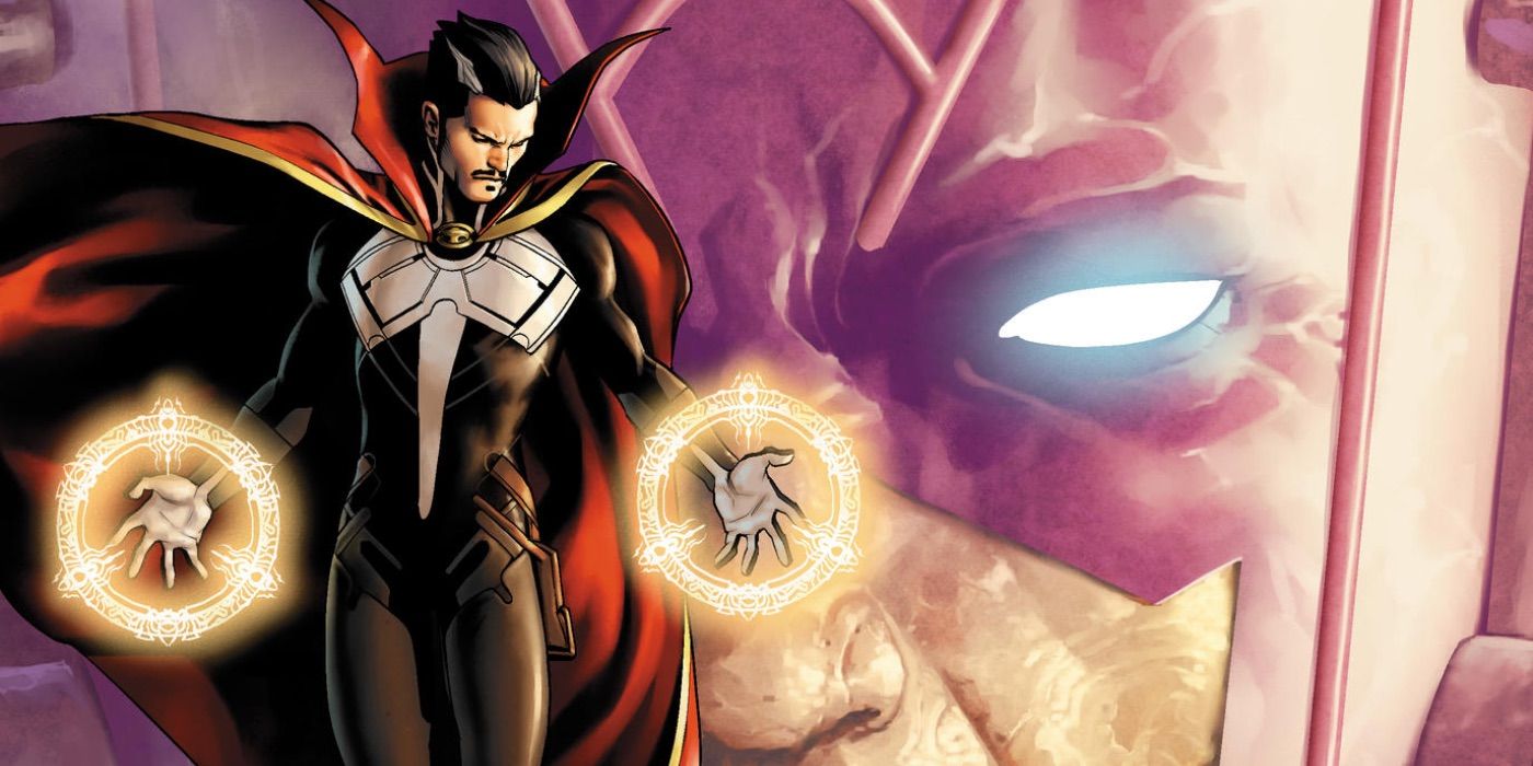 On the cover of Doctor Strange #12 is Stephen Strange floating in front of his soon to be master Galactus, who has a glowing blue eye watching him.