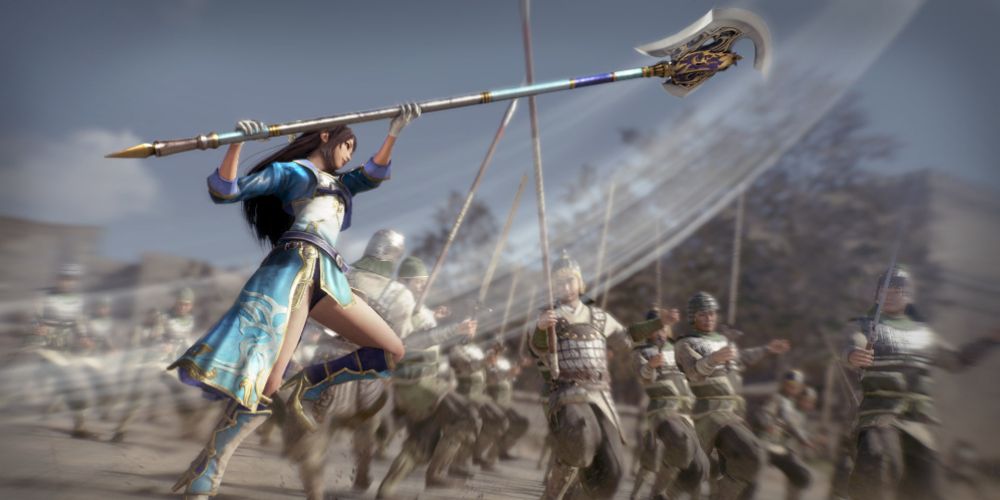 Female warrior leaps in air while jousting a spear at her attackers in Dynasty Warriors 9