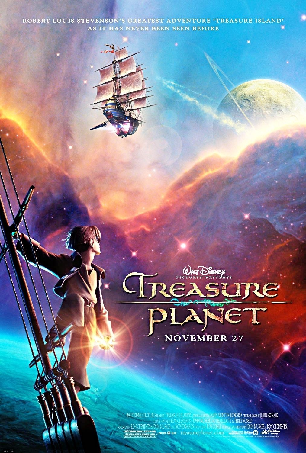 Treasure Planet Movie Poster with boy and flying ship.