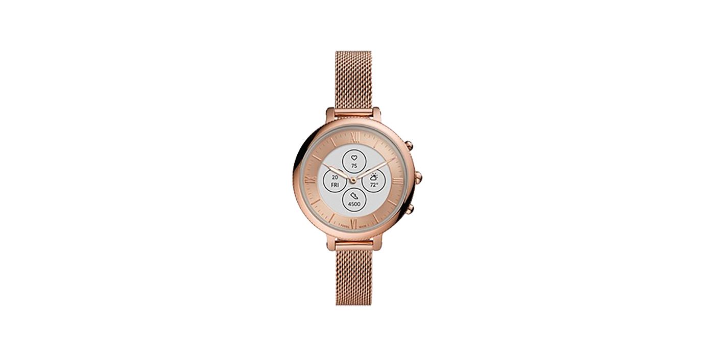 Fossil Hybrid Smartwatch HR Monroe in gold with a white background.