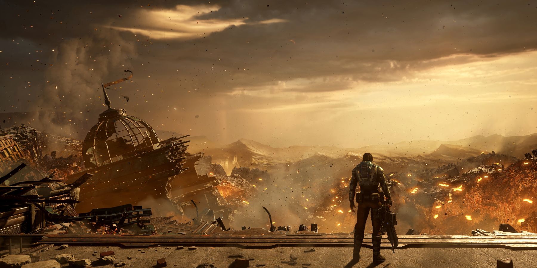 S soldier looks at the urban wasteland of Sera in the video game Gears of War 5.