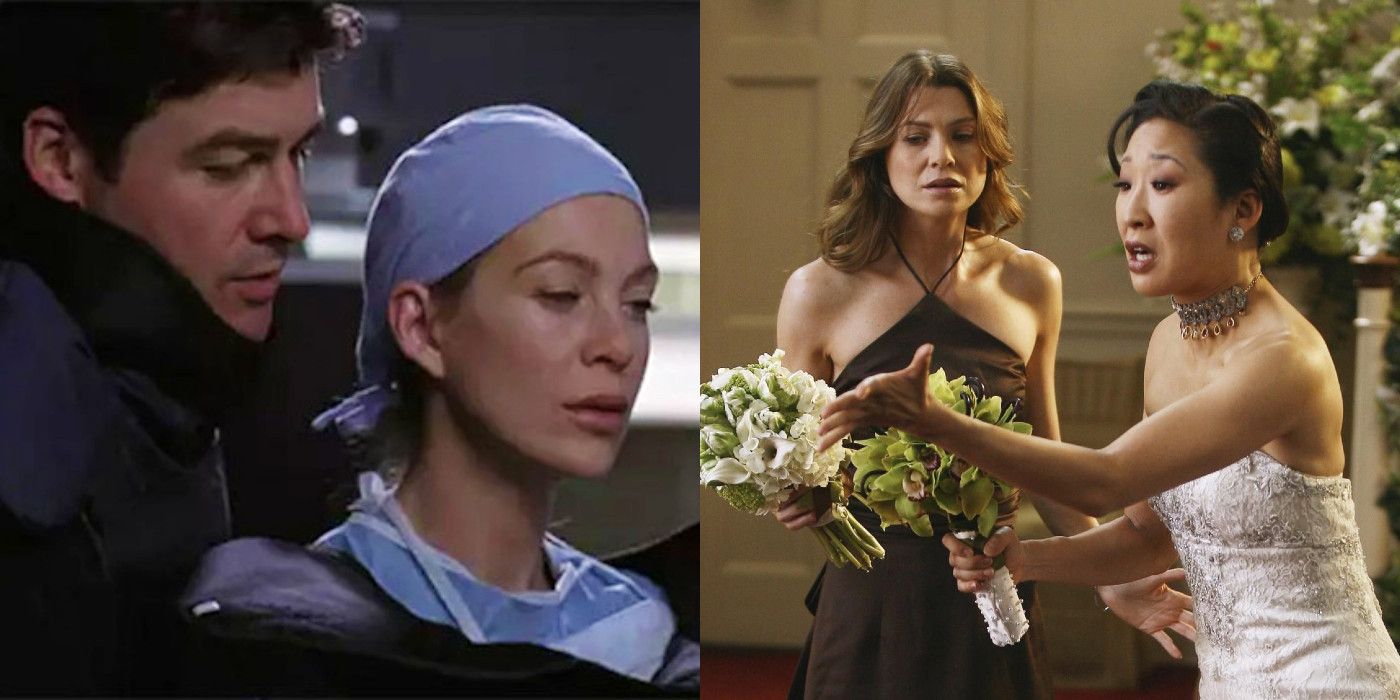 Split image: Meredith with the bomb squad officer, and Cristina at her doomed wedding in Grey's Anatomy