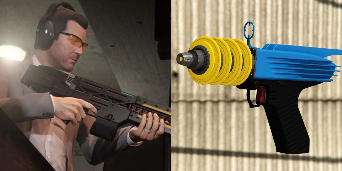 Split image: A character holding a railgun, and an Up-N-Atomizer in Grand Theft Auto games