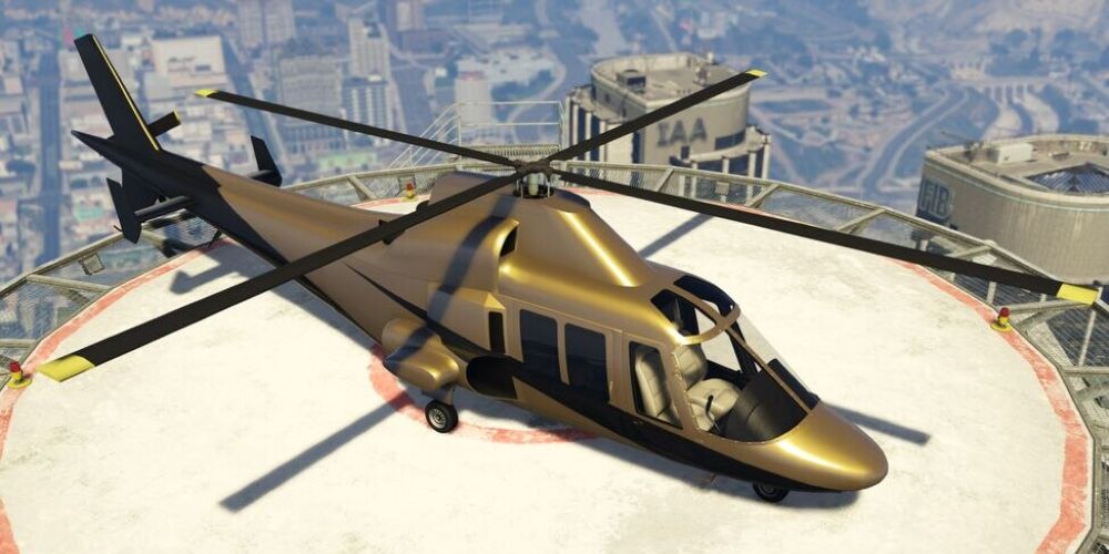 Buckingham Swift Deluxe helicopter lands on helipad in GTA Online