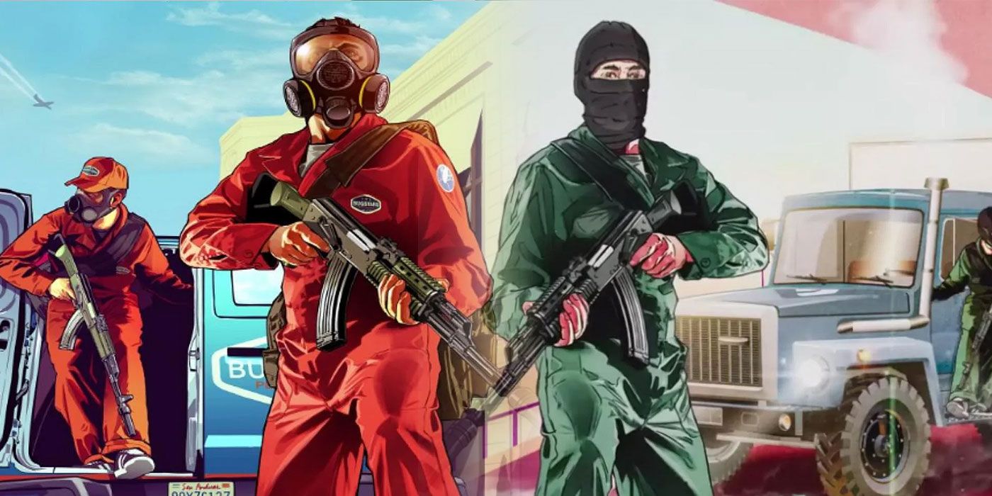 GTA en The Snitch Cartel Origins Artwork gesplitste beeldpersonages die wapens vasthouden en overvalmaskers en gasmaskers dragen
