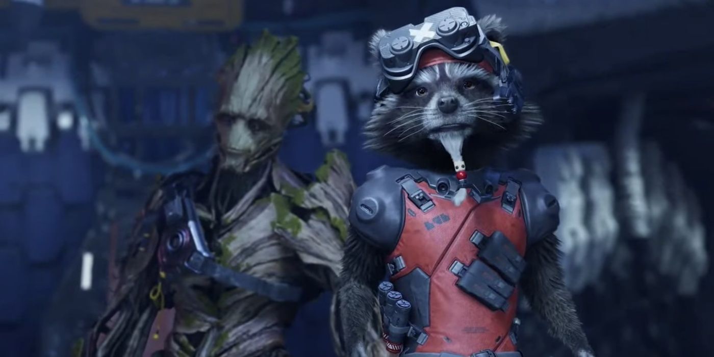 Groot and Rocket Raccoon look at the viewer in Guardians of the Galaxy.