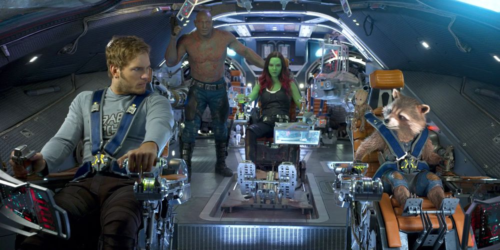 Star-Lord, Drax, Gamora, and Rocket ride on spaceship in Guardians of the Galaxy Vol. 2