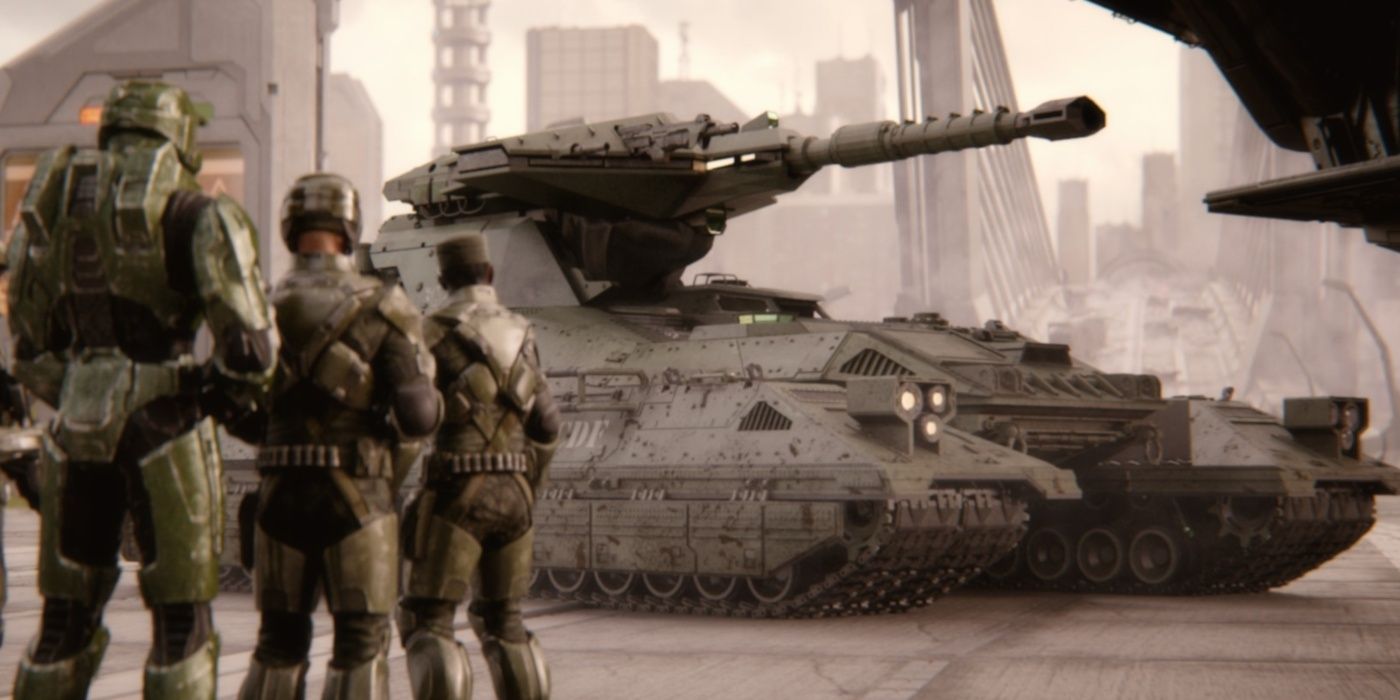 Soldiers staring a Scorpion tank in Halo 3