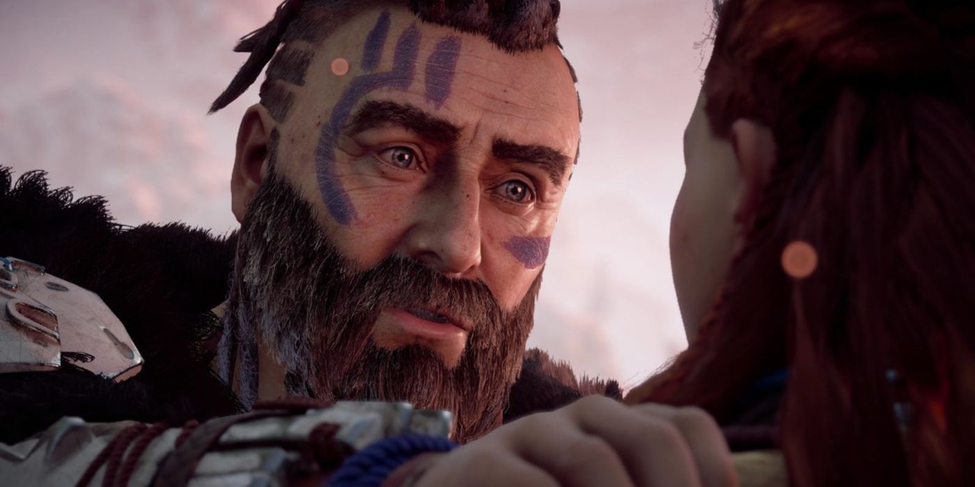 Rost puts his arms on Aloy and gazes into her eyes in Horizon Zero Dawn.