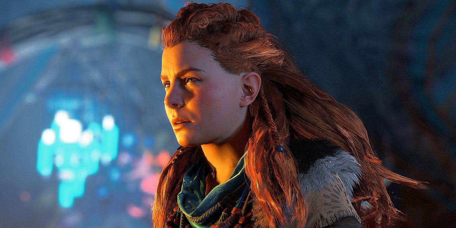 Aloy looks in the distance with light reflecting on her face in Horizon Zero Dawn.