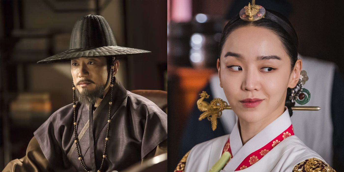 Sambong sits at table while wearing tall hat in Six Flying Dragons and Hye-Sun looks back in her restaurant in Mr. Queen