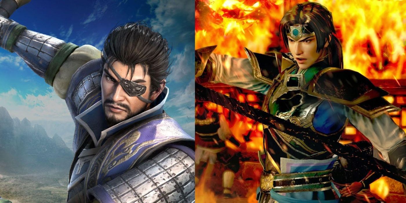 Warrior with eye patch wields sword in Dynasty Warriors 9 and a female warrior brandishes sword in a fire in Dynasty Warriors 8