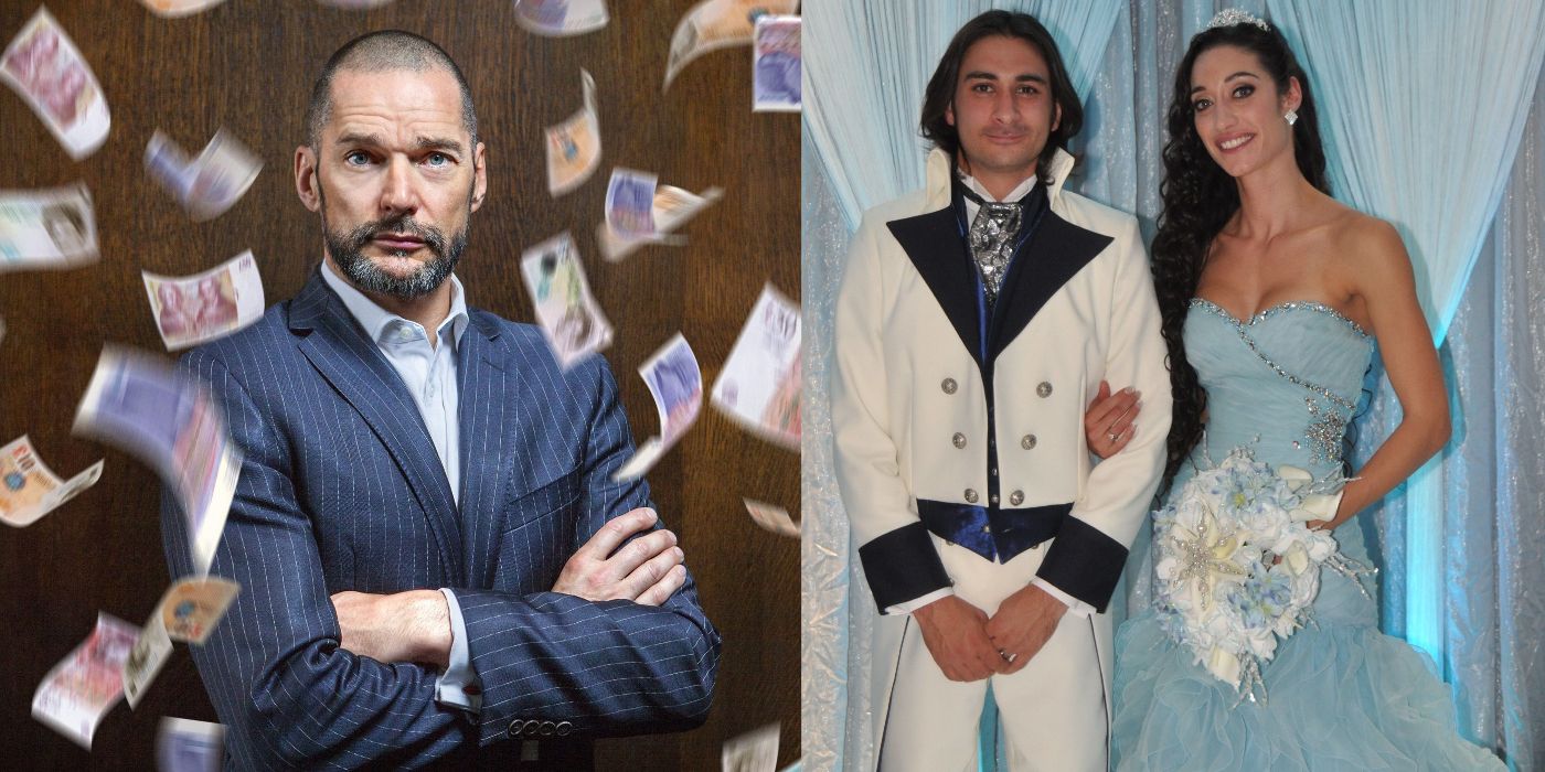 Fred Sirieix poses with flying pounds in Million Pound Menu promo image and married couple locks arms in Don't Tell the Bride