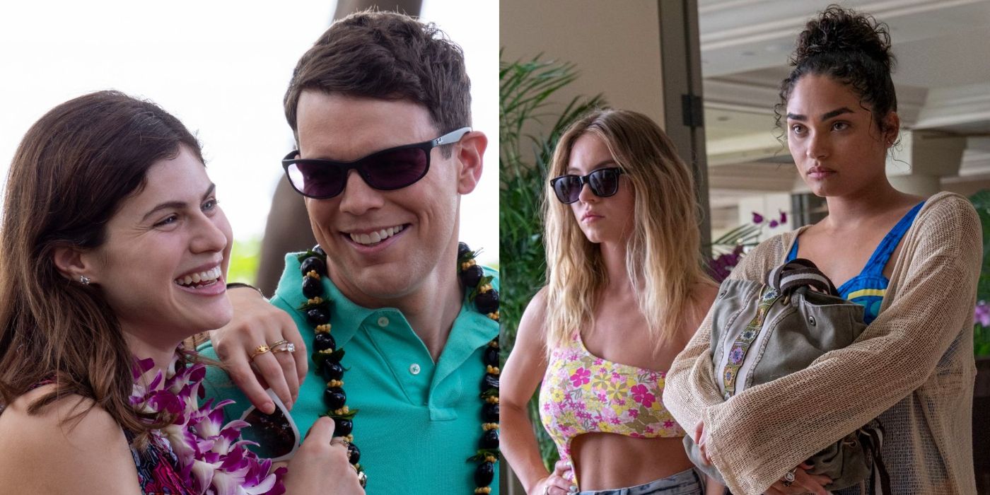 Rachel and Shane embrace while wearing leis and Olivia and Paula look unimpressed in their arrival at the hotel in The White Lotus