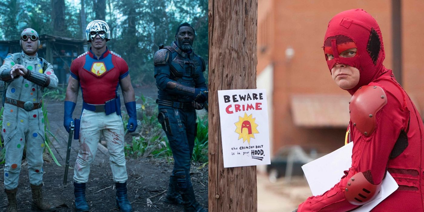 Polka-Dot Man, Peacemaker, and Bloodsport stand in the woods in The Suicide Squad and the Crimson Bolt posts signs on a telephone pole in Super