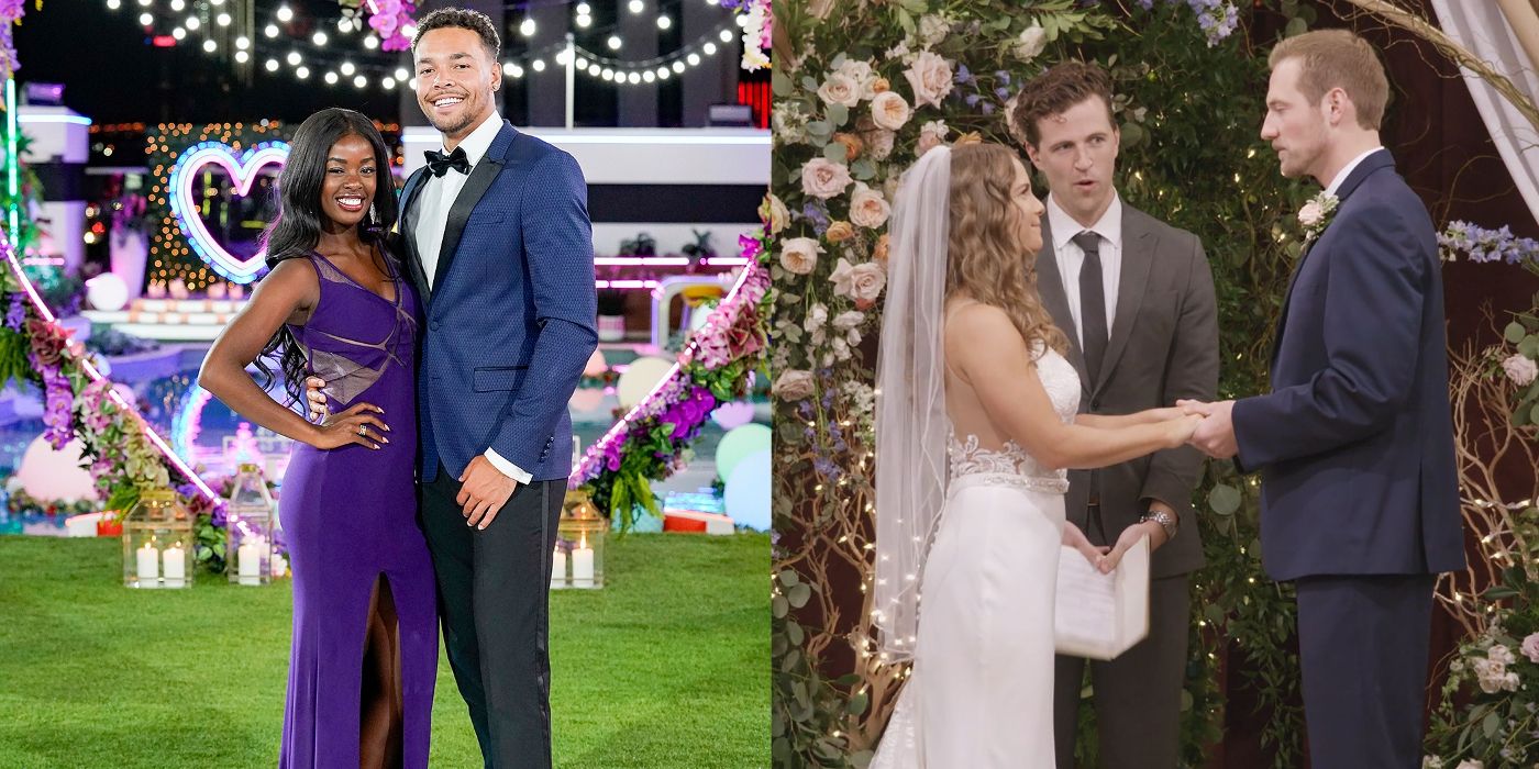 Justine and Caleb embrace on Love Island and Kelly and Kenny trade vows at wedding in Love is Blind
