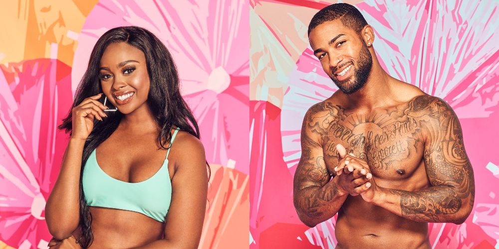 Trina and Charlie poses against pink background n the third Season of Love Island USA