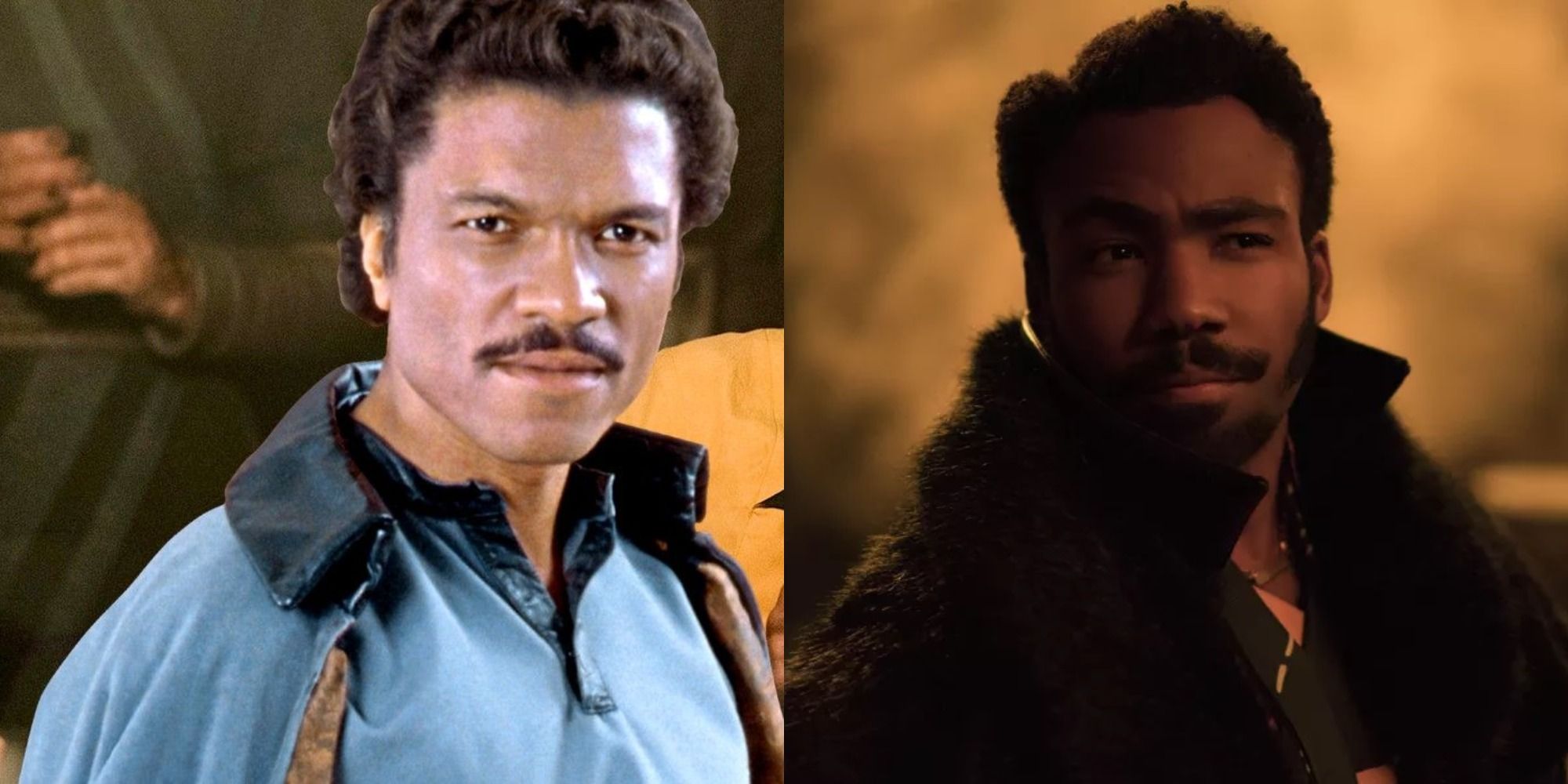 Lando Calrissian (Billy Dee Williams) in The Empire Strikes Back and Lando Calrissian (Donald Glover) in Solo: A Star Wars Story
