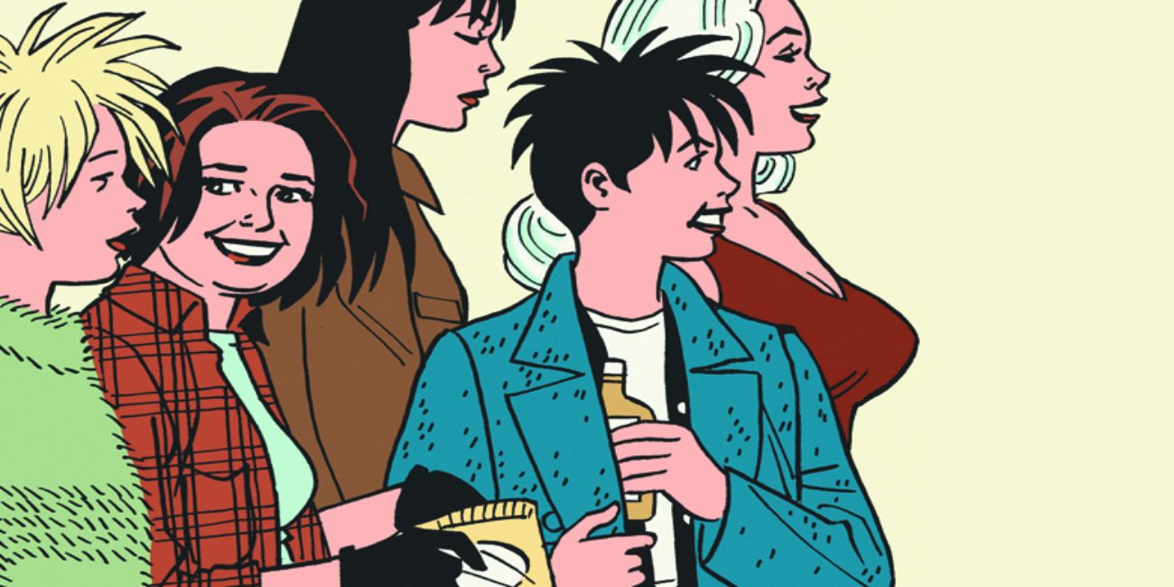 A group shot of the Love &amp; Rockets comic cast with Maggie takking a flask from her jacket.
