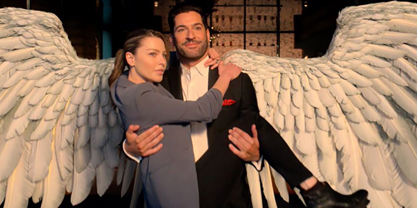 Lucifer with his God wings carrying Chloe in his arms.