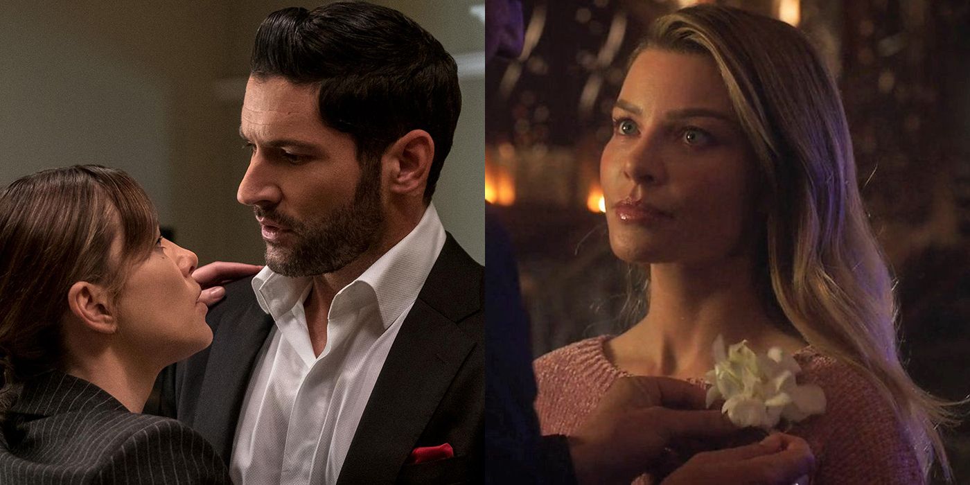 Split image of Lucifer and Chloe embracing and Chloe wearing a corsage.