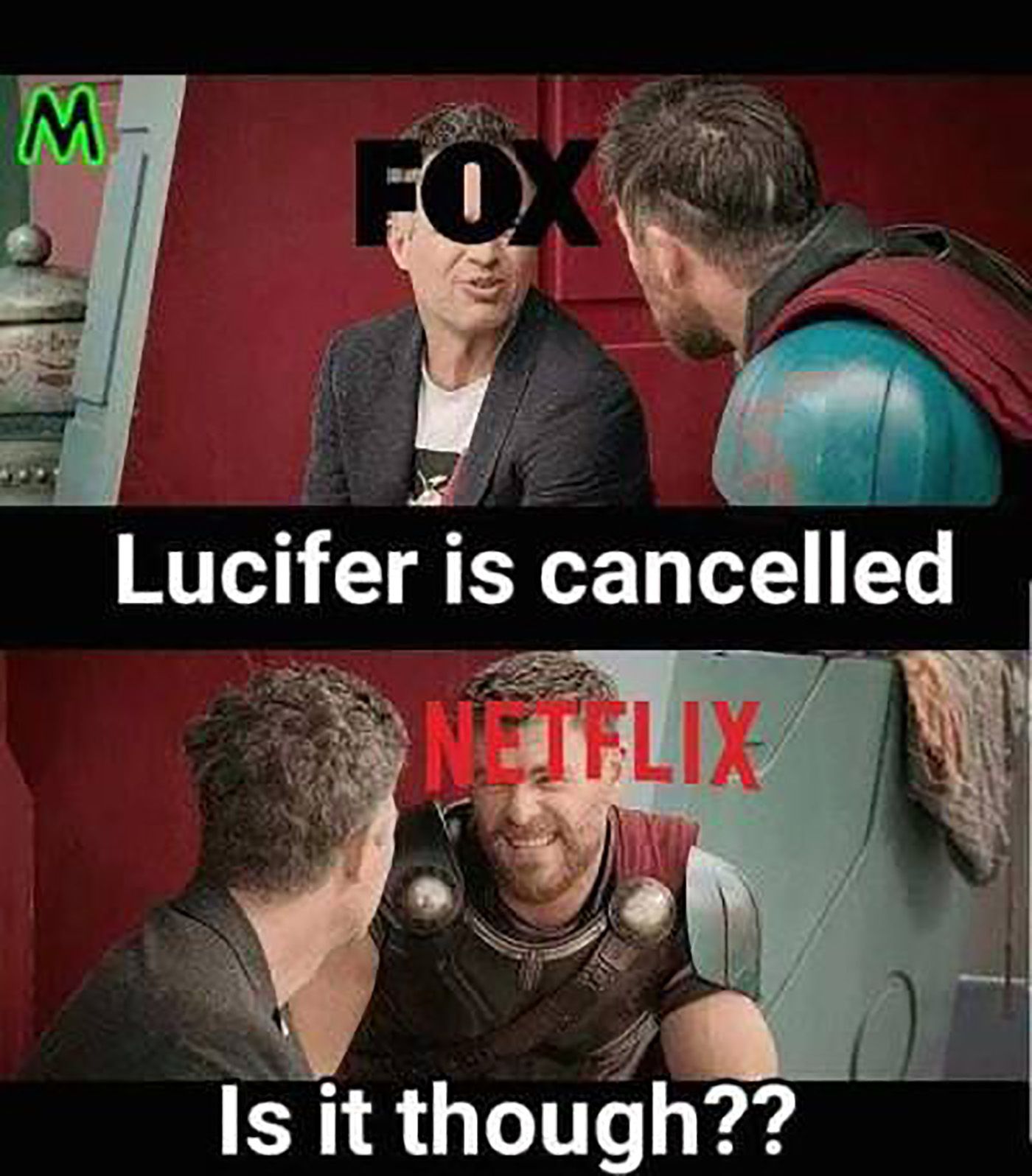 A funny meme about Lucifer being cancelled, showing Fox at the top and Netflix at the bottom.