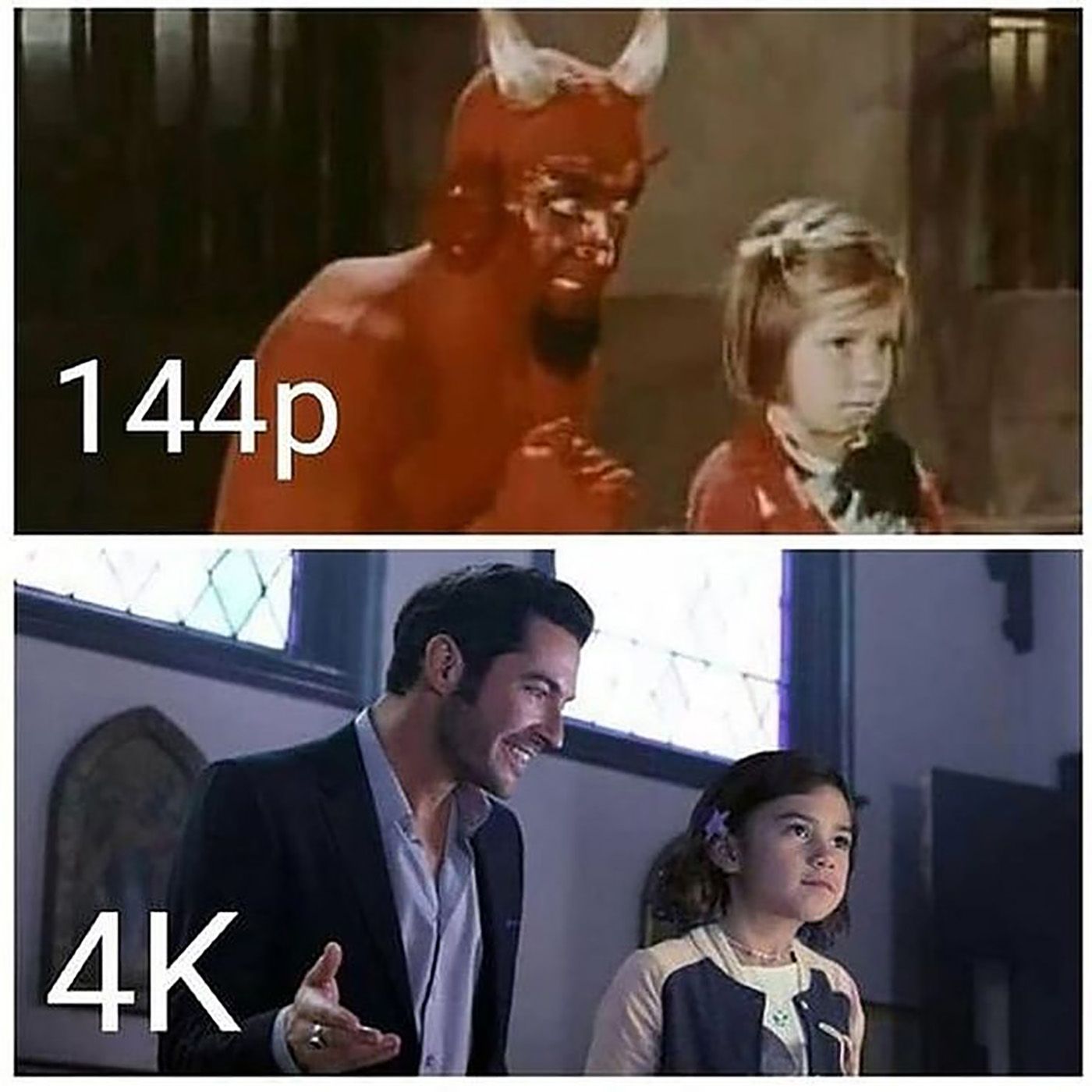 A man in a red devil costume with a young girl at top and Lucifer with Trixie on the bottom.