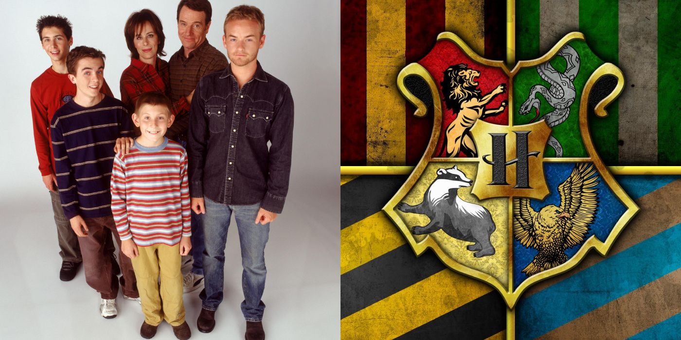 Split image: the cast of Malcolm in the Middle, the Hogwarts school logo