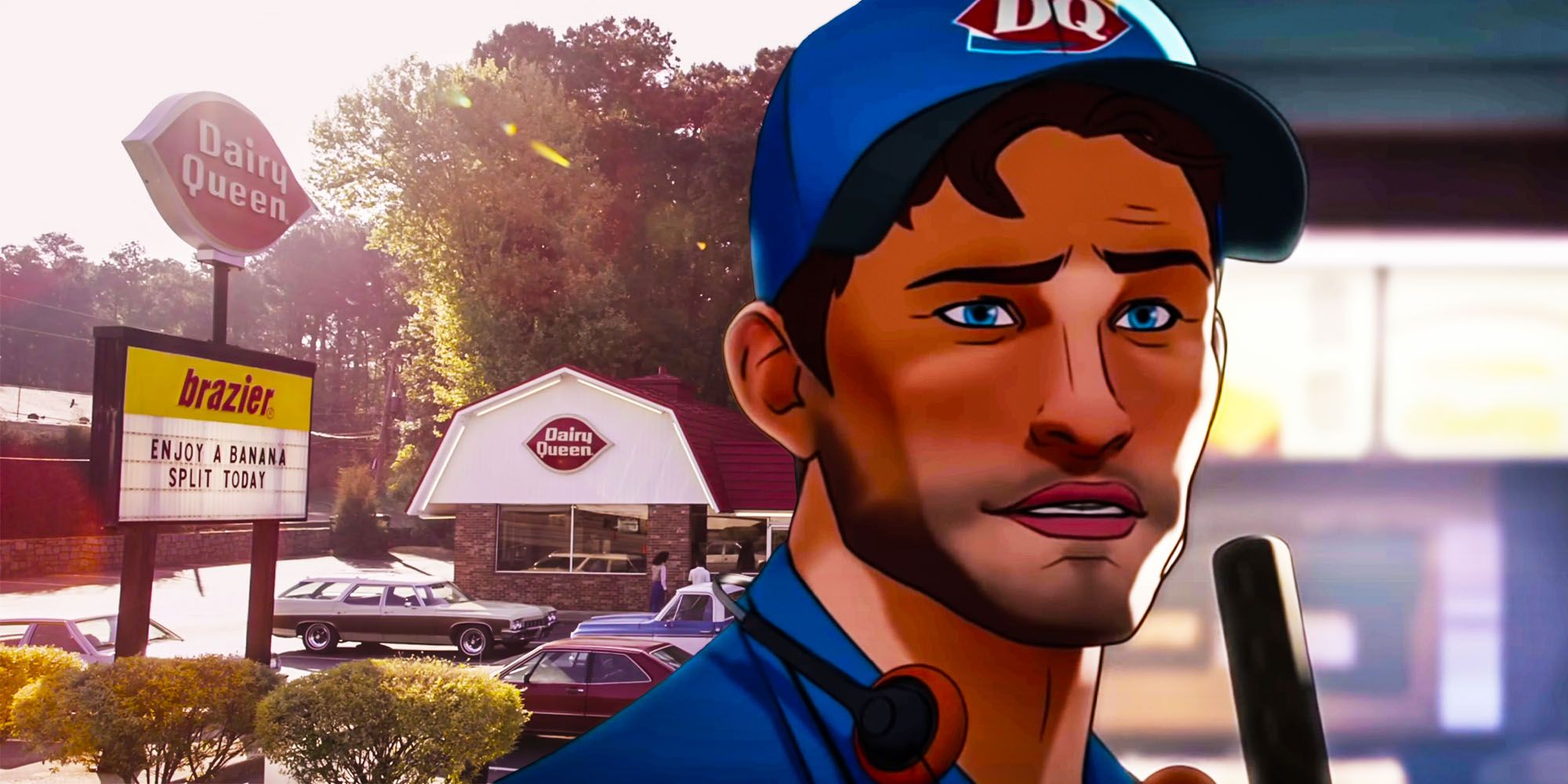 Peter Quill wearing a blue hat in front of a Wendy's in Marvel's What If...?