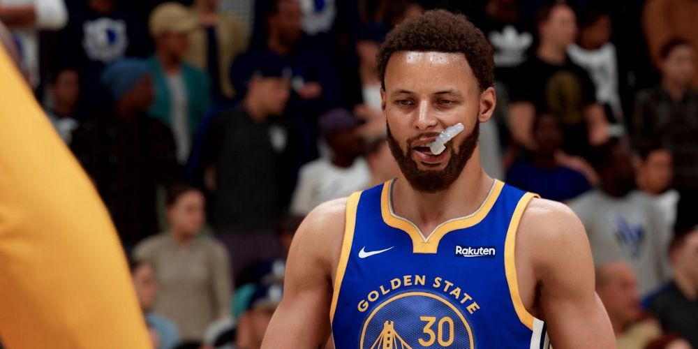 Steph Curry chews on his mouthpiece in NBA 2K21