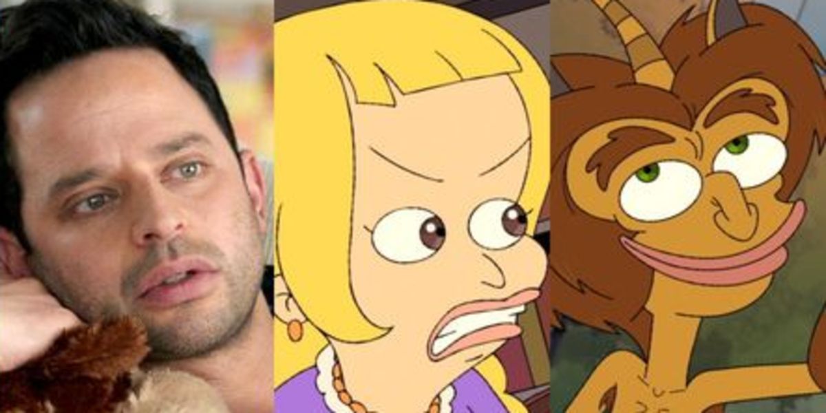 Voice actor Nick Kroll beside images of Lola and Maurice the Hormone Monster from Big Mouth