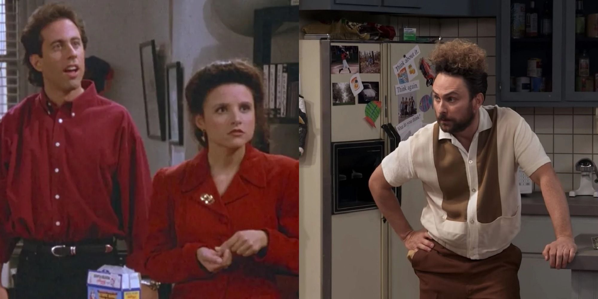 Jerry Seinfeld and Julia Louis Dreyfus as Jerry and Elaine in Seinfeld split image Charlie Day as Kramer in Always Sunny