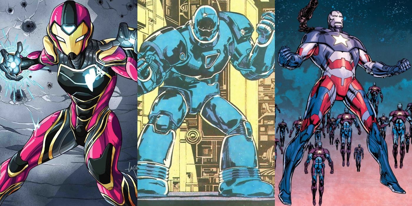 Split image of Iron Heart, Iron Monger, and Iron Patriot from Marvel Comics.