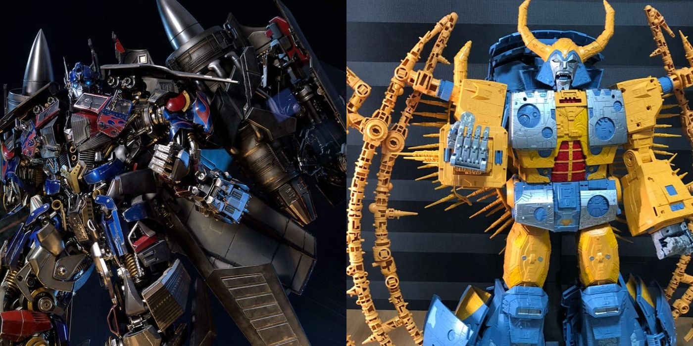 A split image of the Transformers Jet Fire Optimus and Unicron