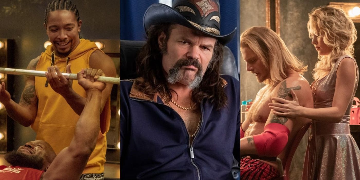 A split image of Rooster in the gym, Wild Bill in a plane and Ace with Crystal in a green room in Heels