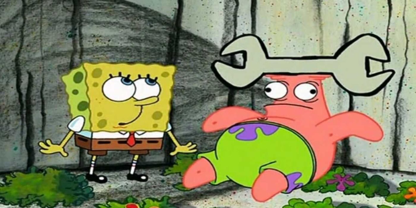 SpongeBob looking up and Patrick dazed after being hit by a wrench in SpongeBob SquarePants